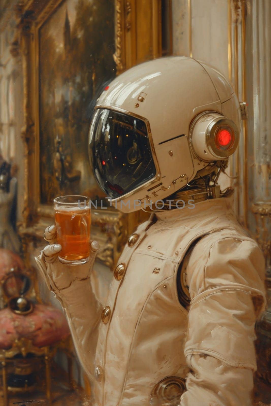 A robot with a glass of juice in his hand in the interior by Lobachad