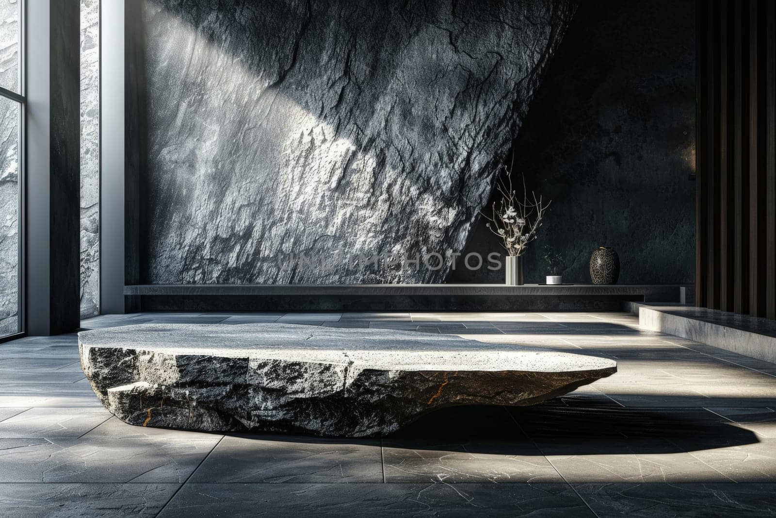 Stone and Rock podium, pedestal for brand product exhibition. Solid dark black color. Mockup template for ads design, copy space, generative a.