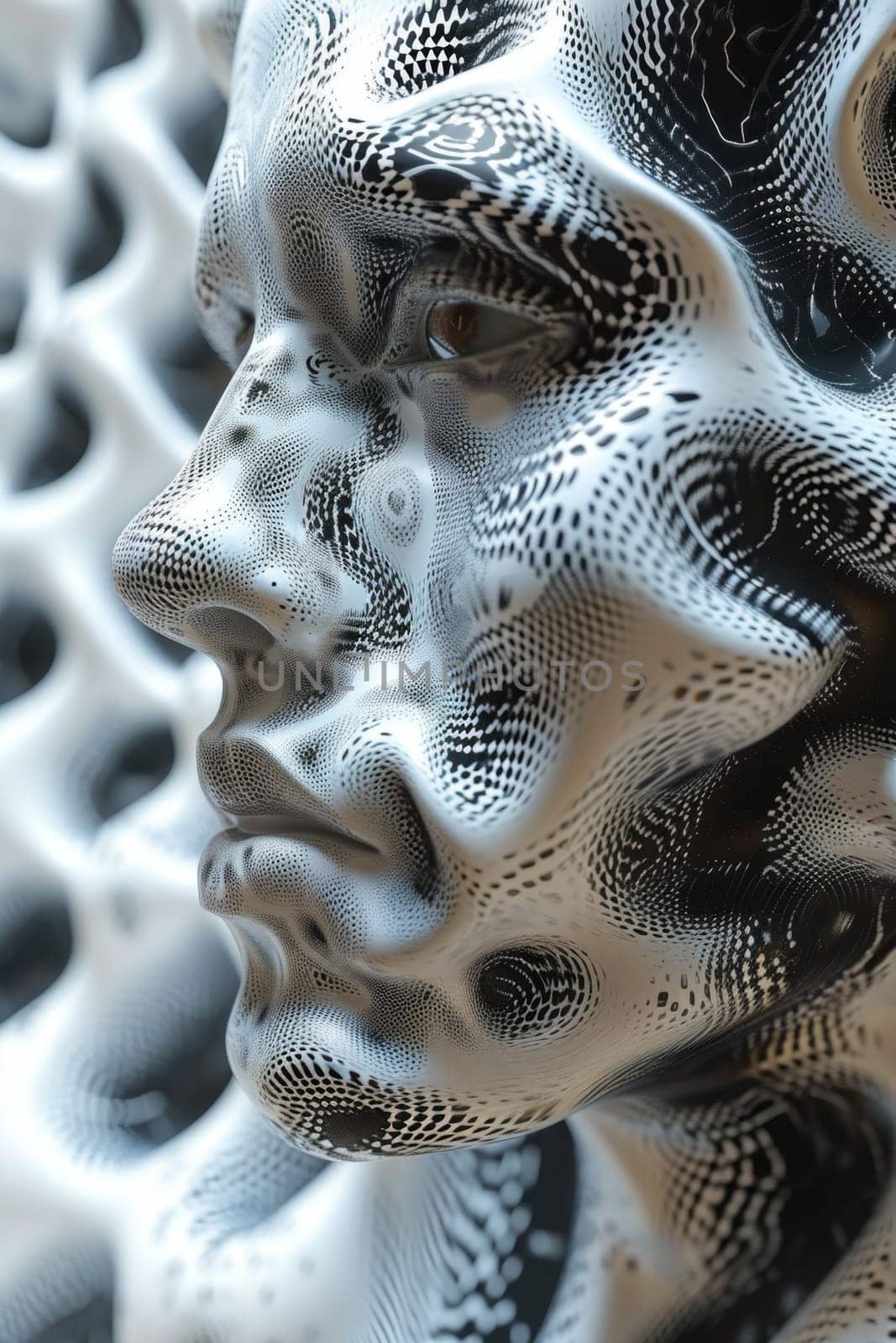 Three - dimensional abstraction with a face drawing . 3d illustration by Lobachad