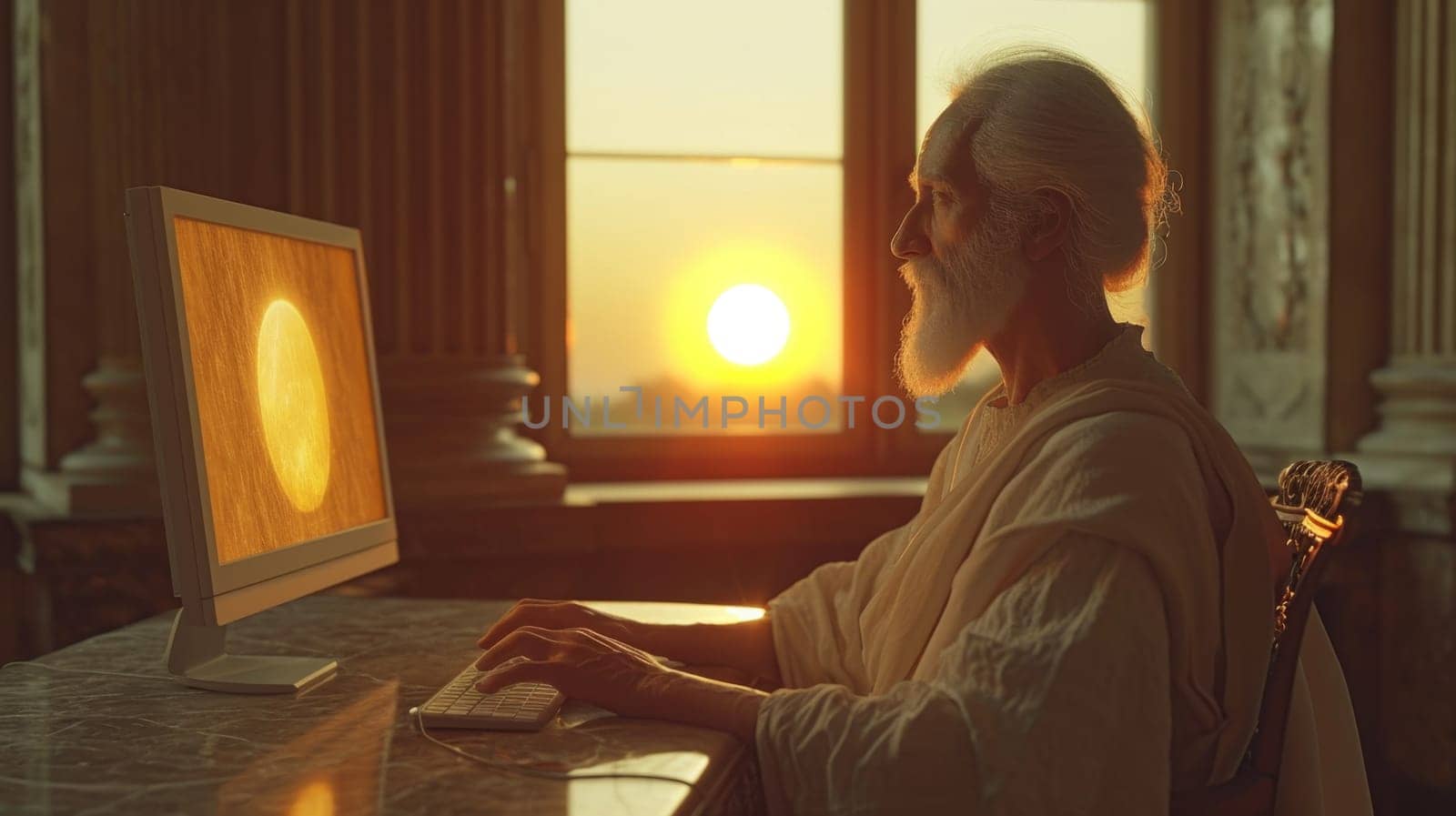 Portrait of an elderly man working at home at a computer near the window at sunset. The concept of a freelancer.