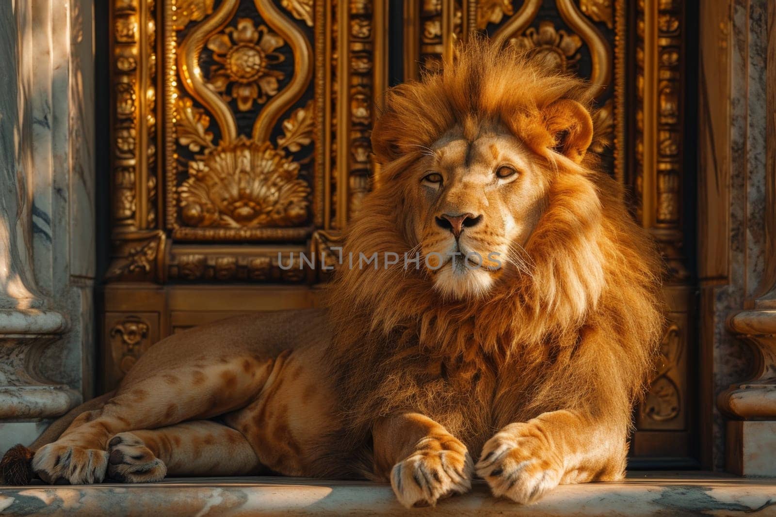 A big lion is sitting guarding the front door of the house.