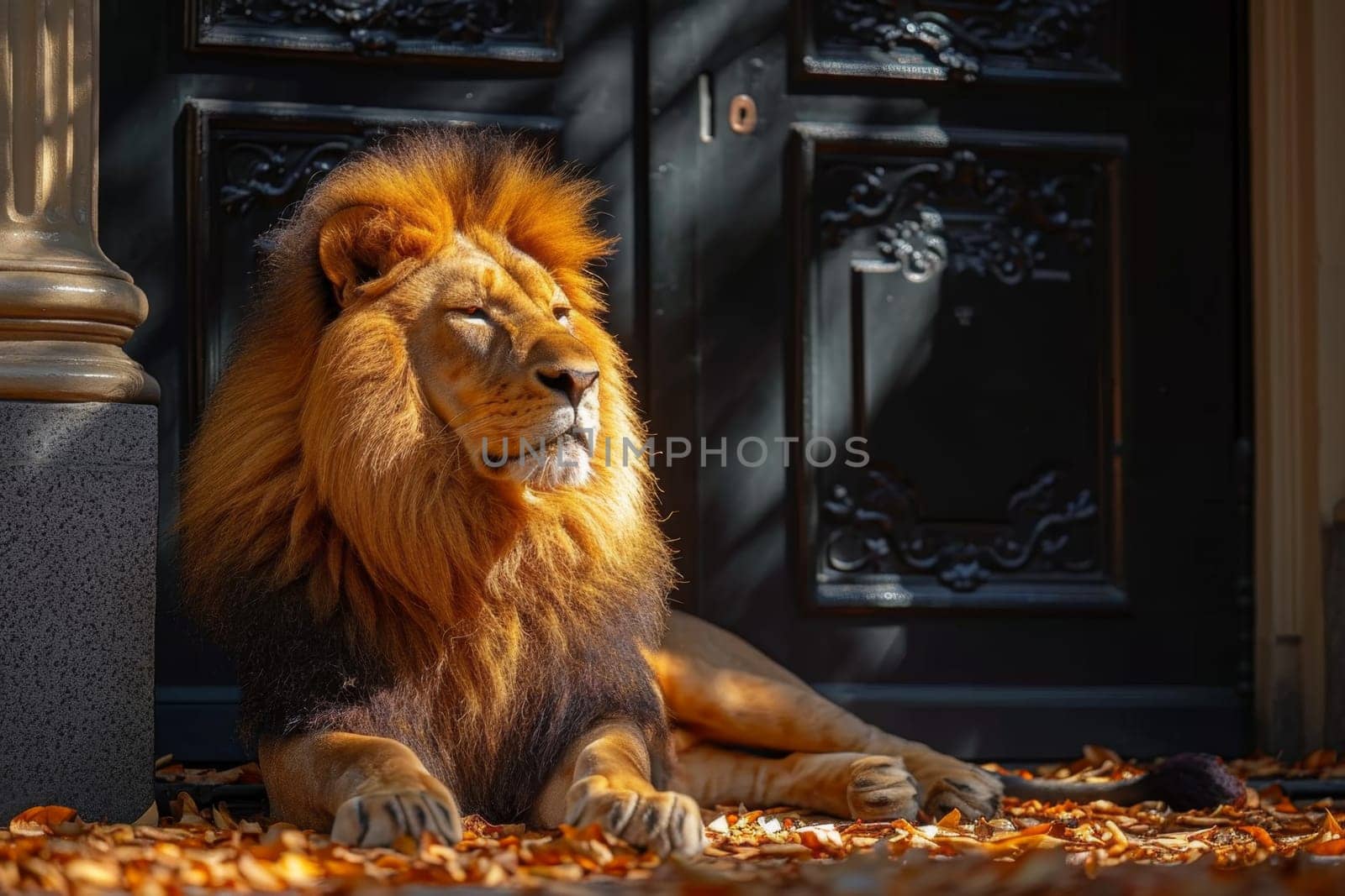 A big lion is sitting guarding the front door of the house.