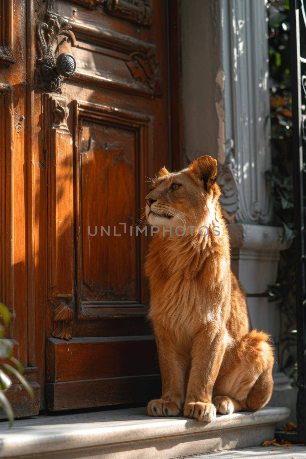 A big lion is sitting guarding the front door of the house by Lobachad