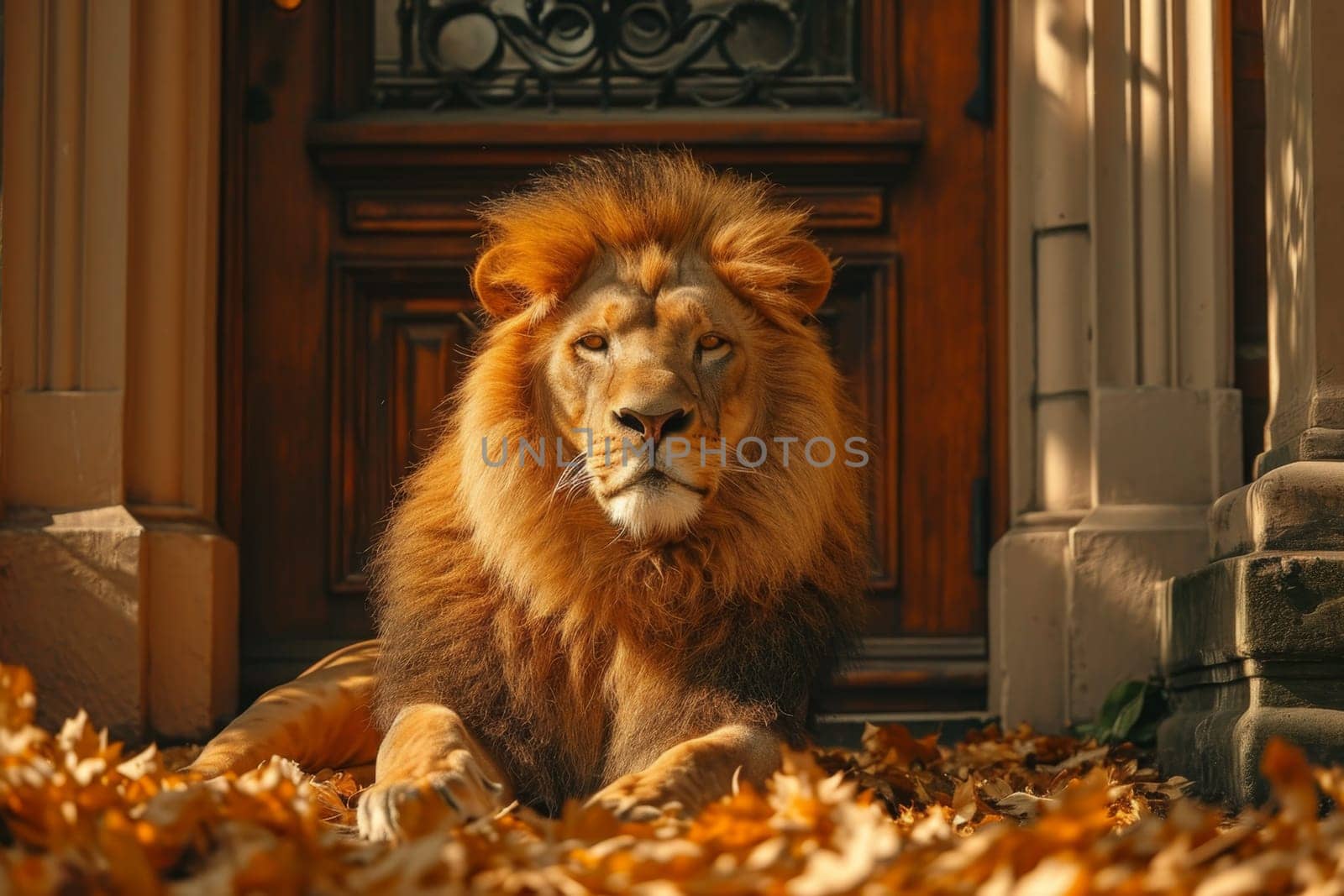 A big lion is sitting guarding the front door of the house.