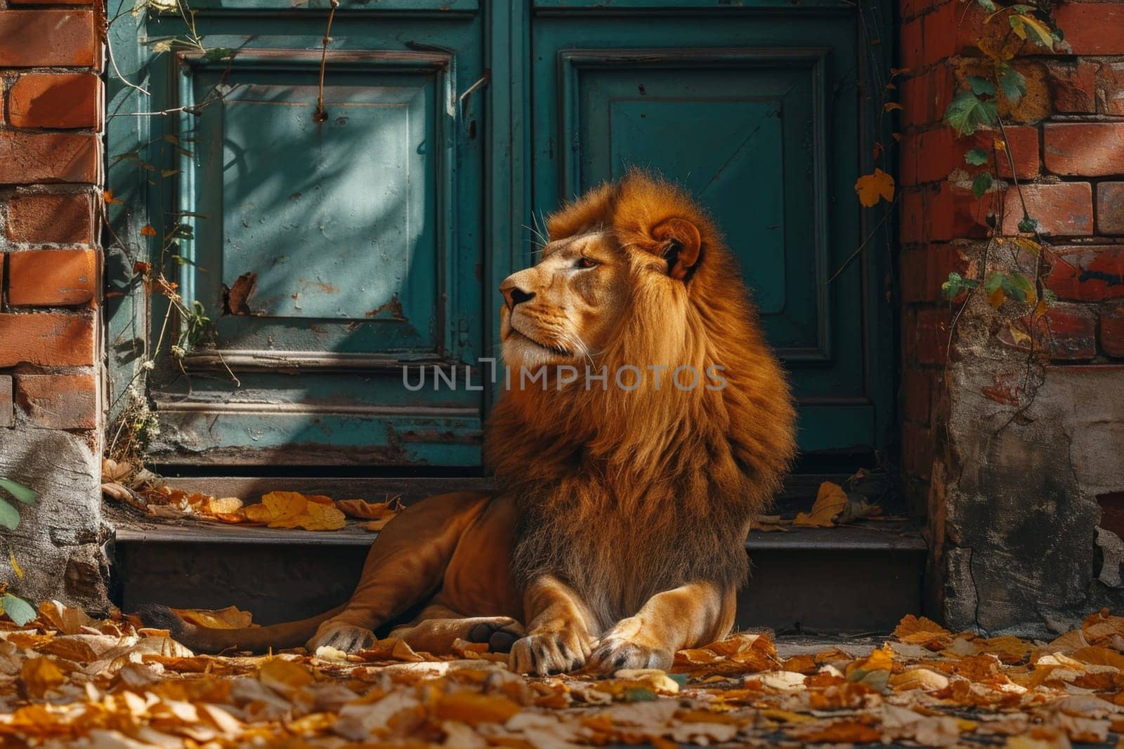 A big lion is sitting guarding the front door of the house.