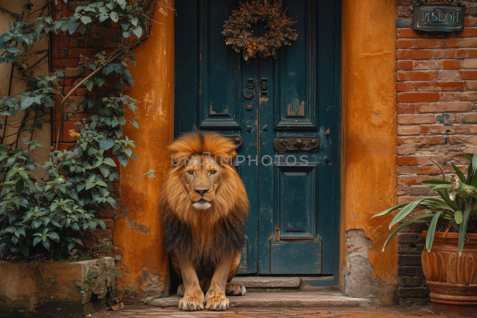 A big lion is sitting guarding the front door of the house by Lobachad