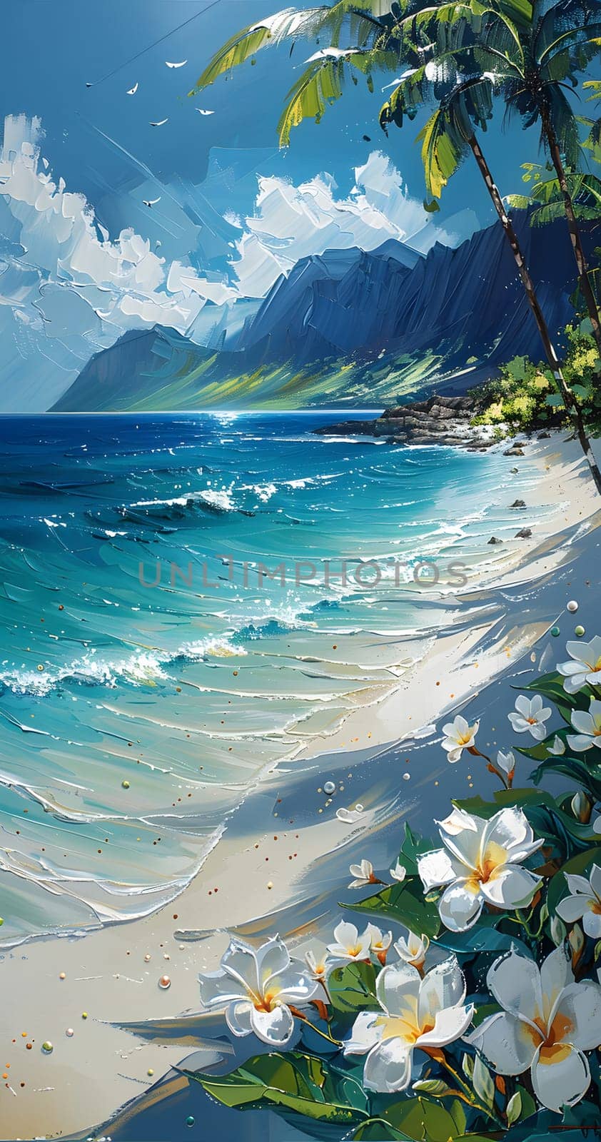 A natural landscape painting of a coastal beach with azure sky, fluffy clouds, crystal clear aqua water, palm trees, and colorful flowers