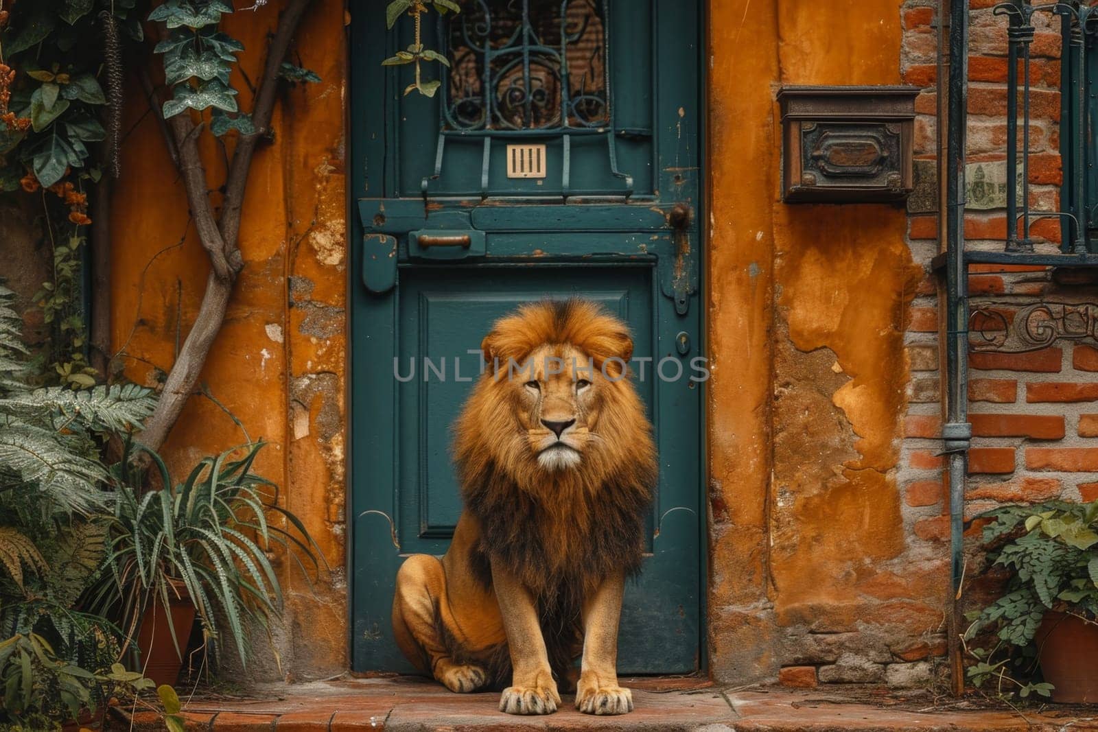 A big lion is sitting guarding the front door of the house.