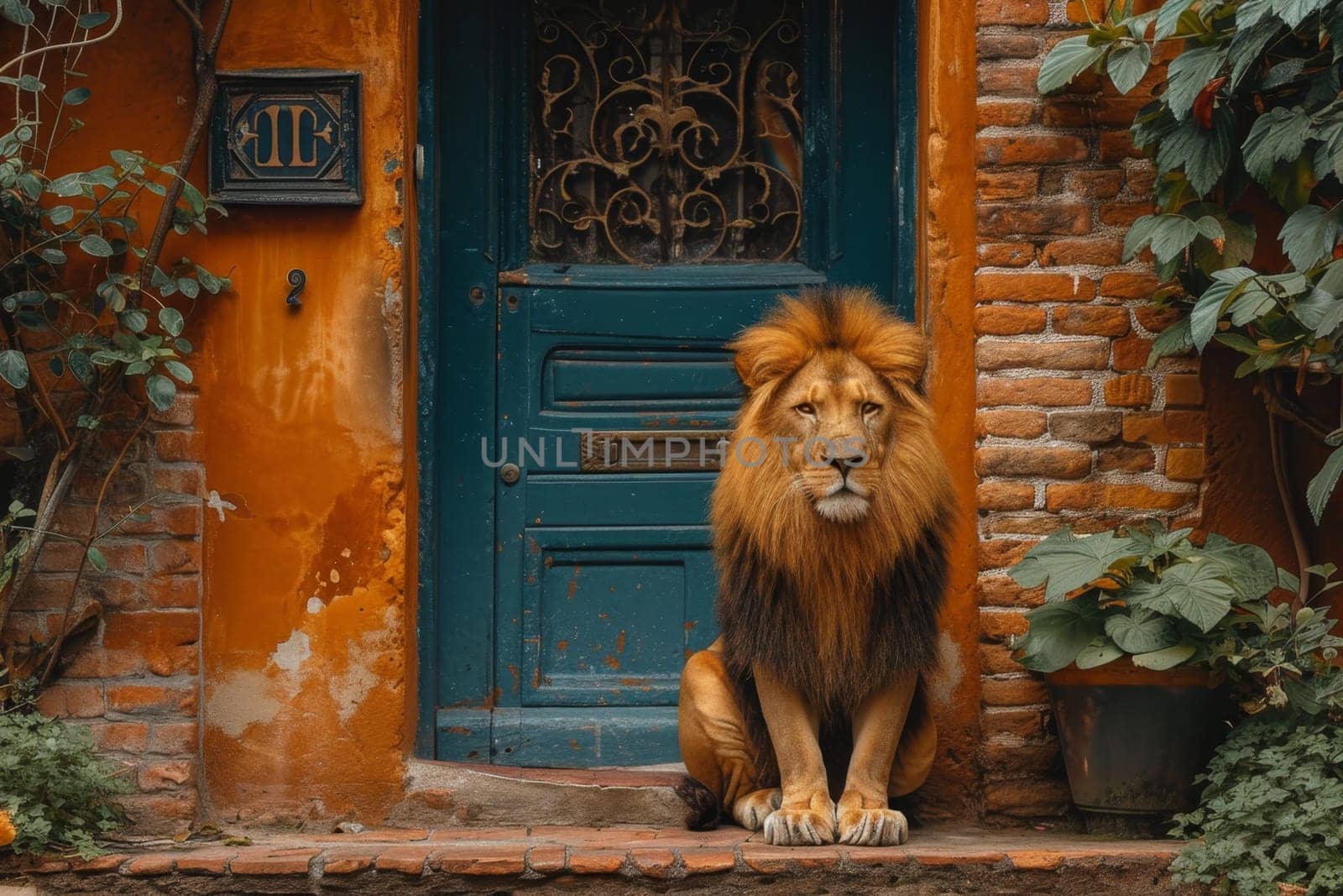 A big lion is sitting guarding the front door of the house.