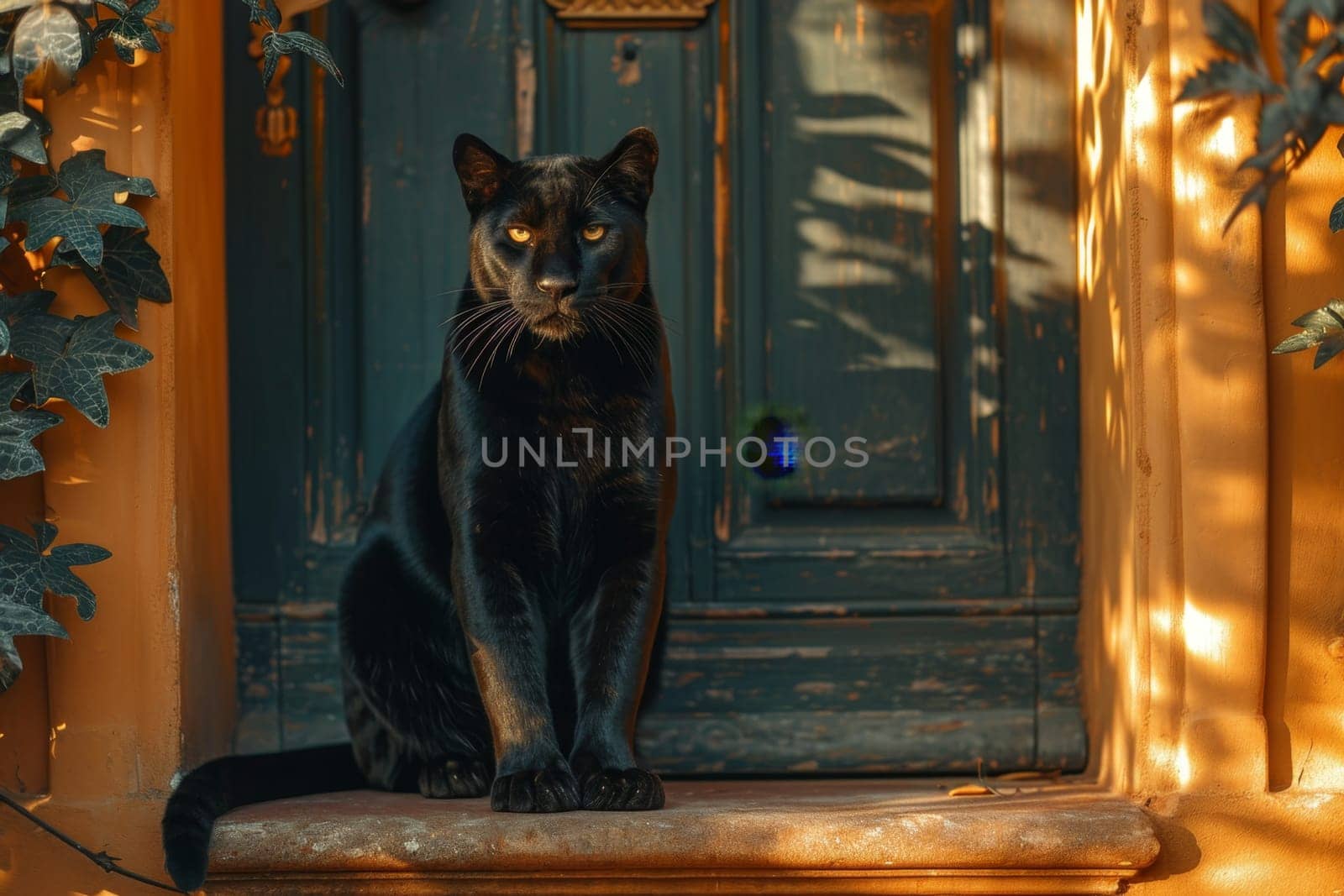 A wild black panther is sitting near the door , guarding the entrance.