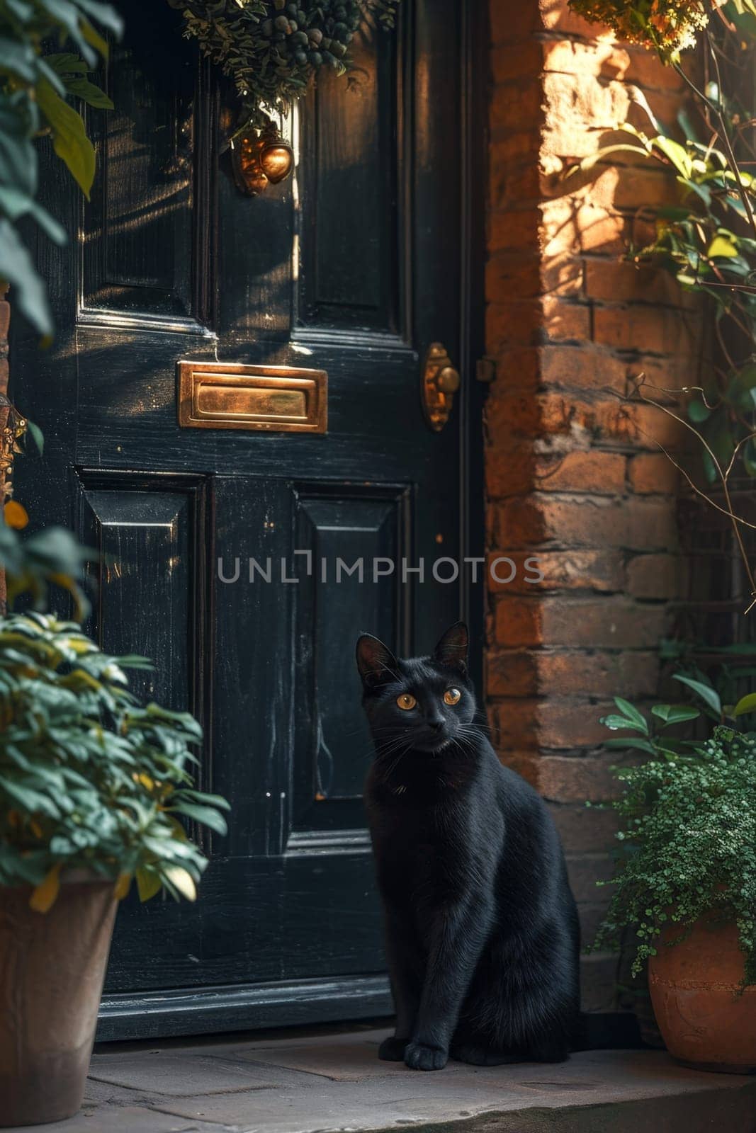 There was a cute black cat sitting near the door, guarding the entrance by Lobachad