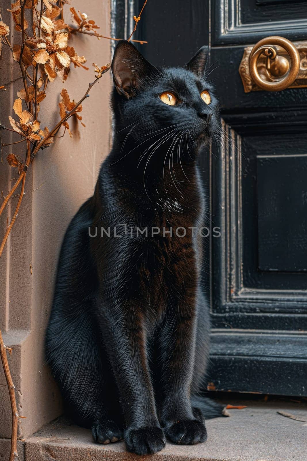 There was a cute black cat sitting near the door, guarding the entrance by Lobachad