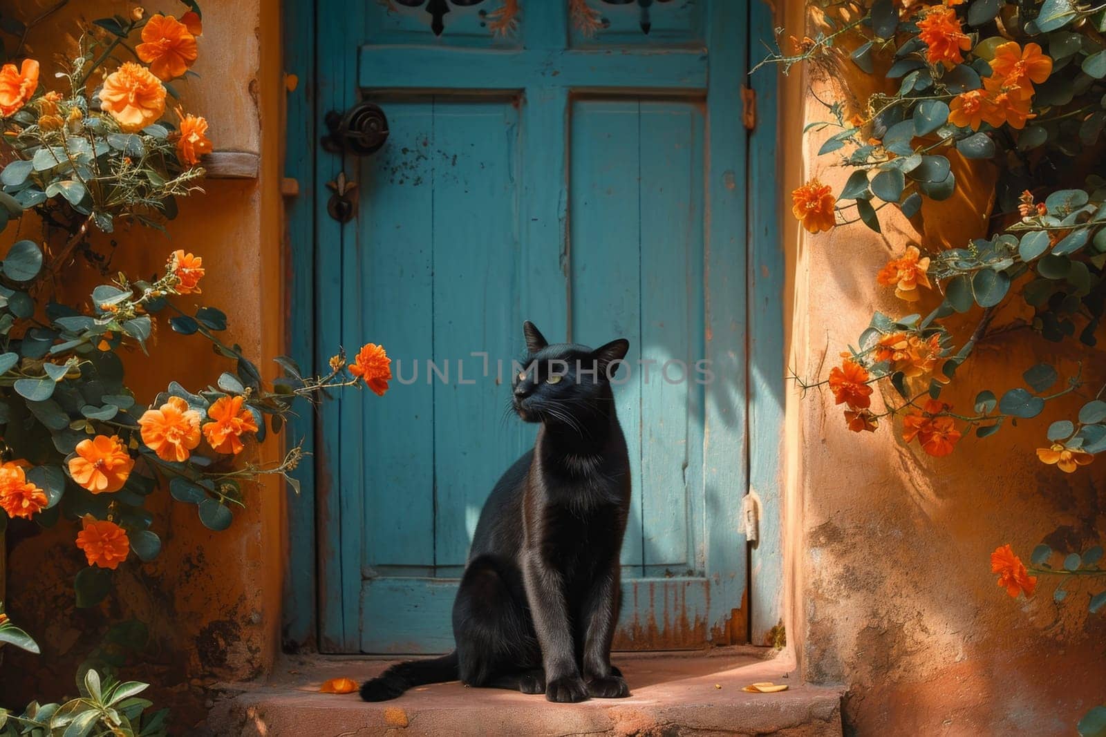 There was a cute black cat sitting near the door, guarding the entrance by Lobachad