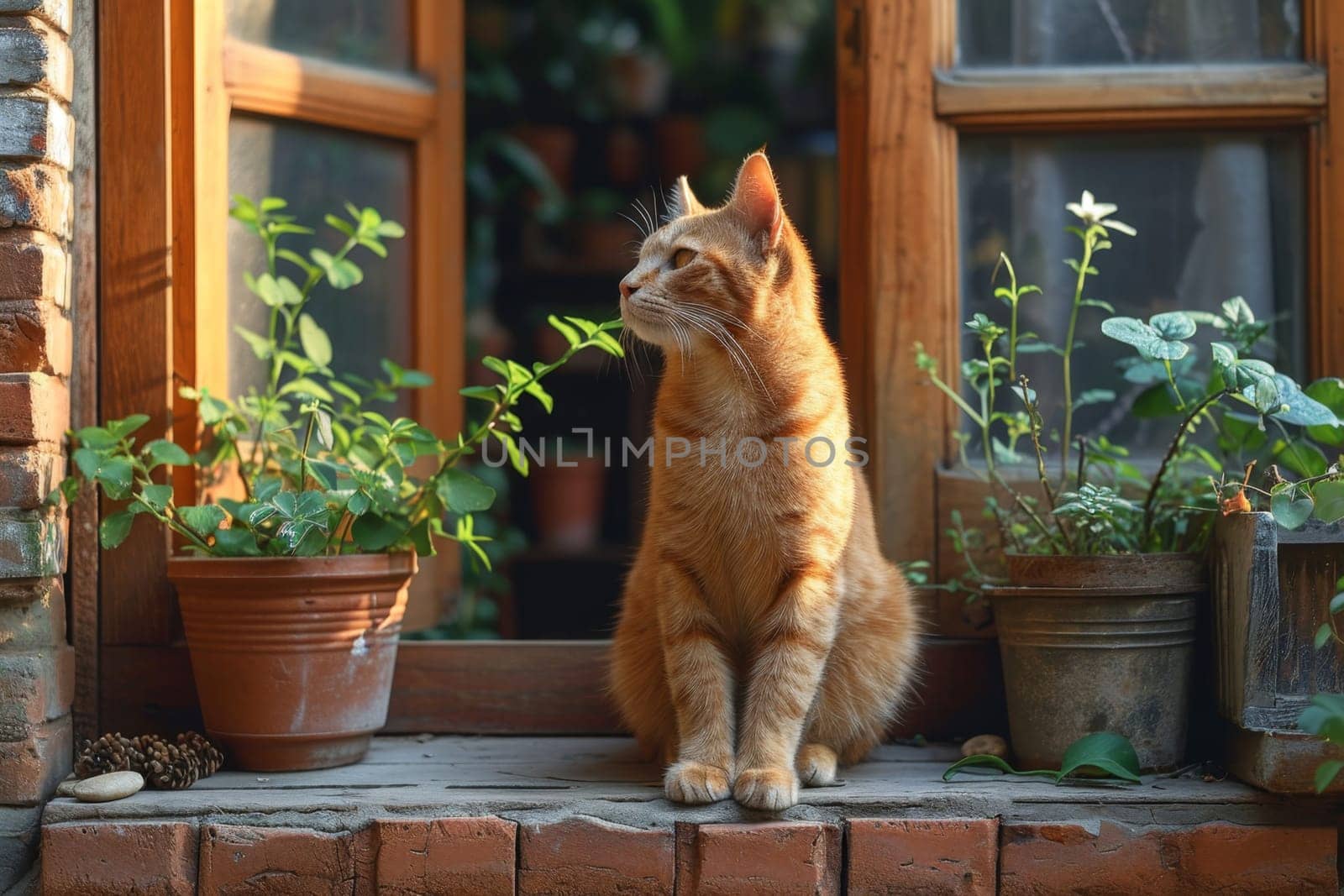 A cute red-haired cat was sitting near the window, guarding the entrance by Lobachad