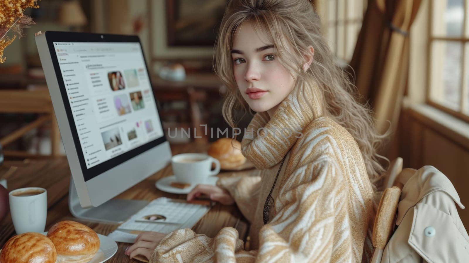 Portrait of a young girl working at home at a computer. The concept of a freelancer.