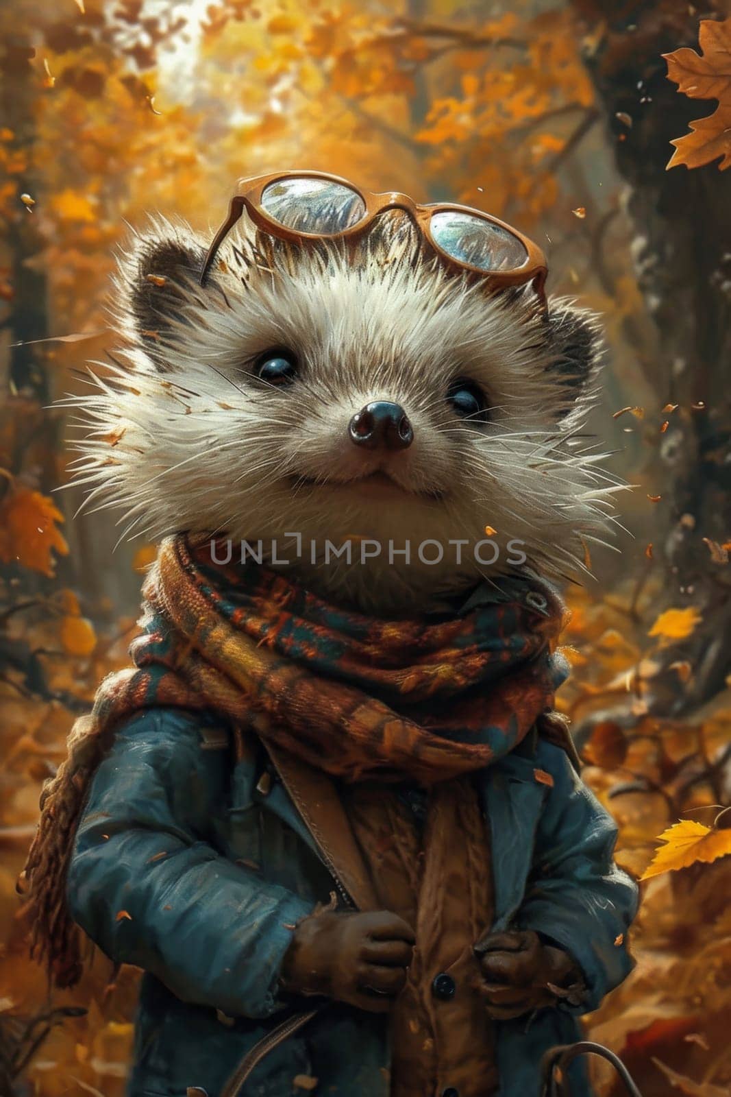 Funny hedgehog with glasses in the autumn forest. 3d illustration by Lobachad