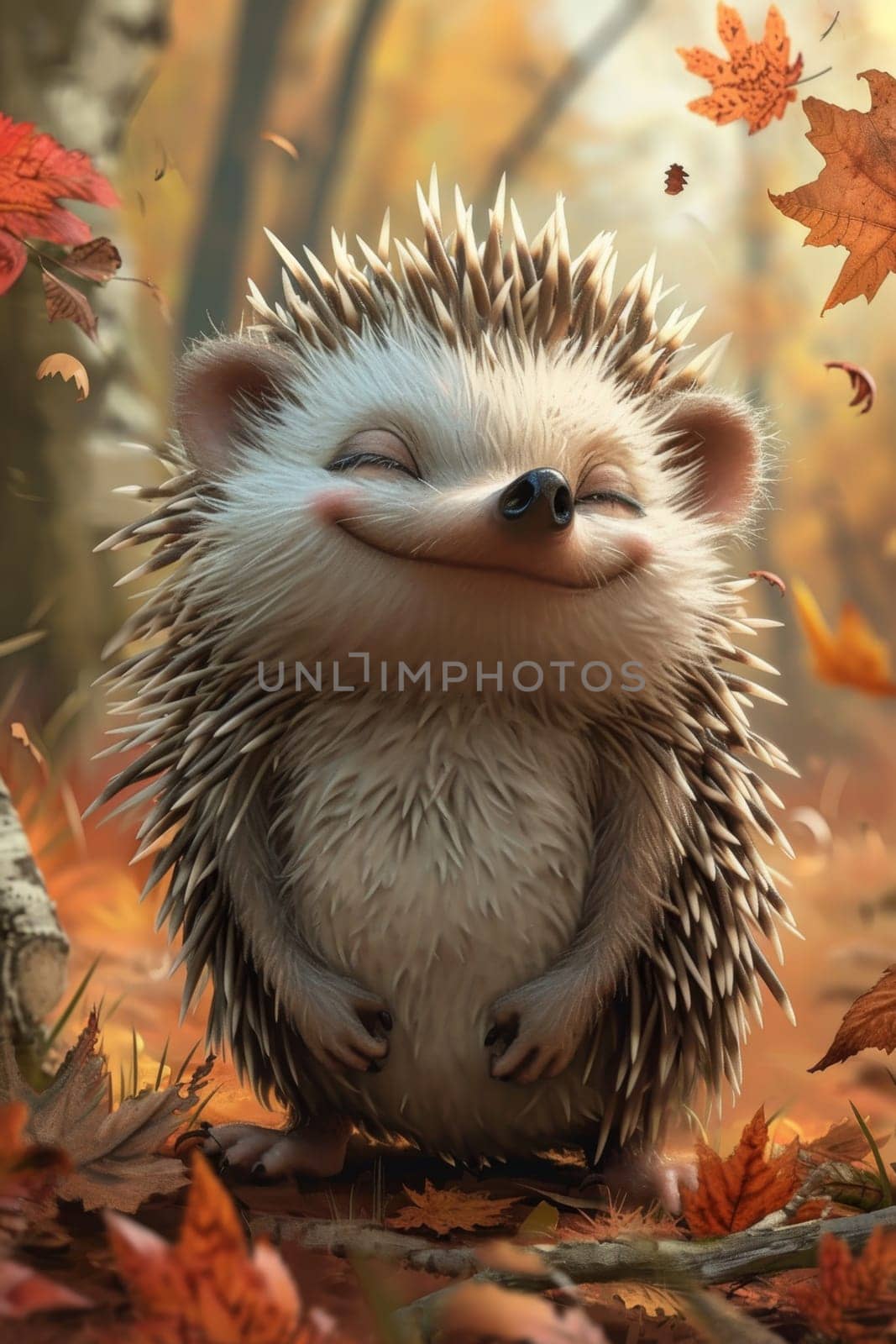 Funny hedgehog in the autumn forest. 3d illustration by Lobachad