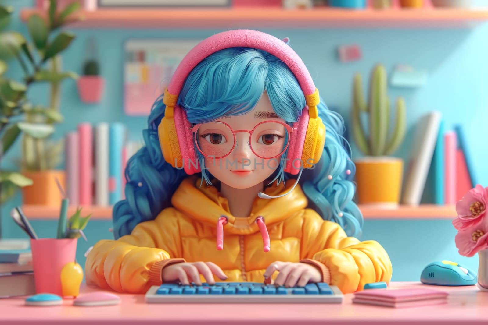 A beautiful girl works in an office at a computer with headphones by Lobachad