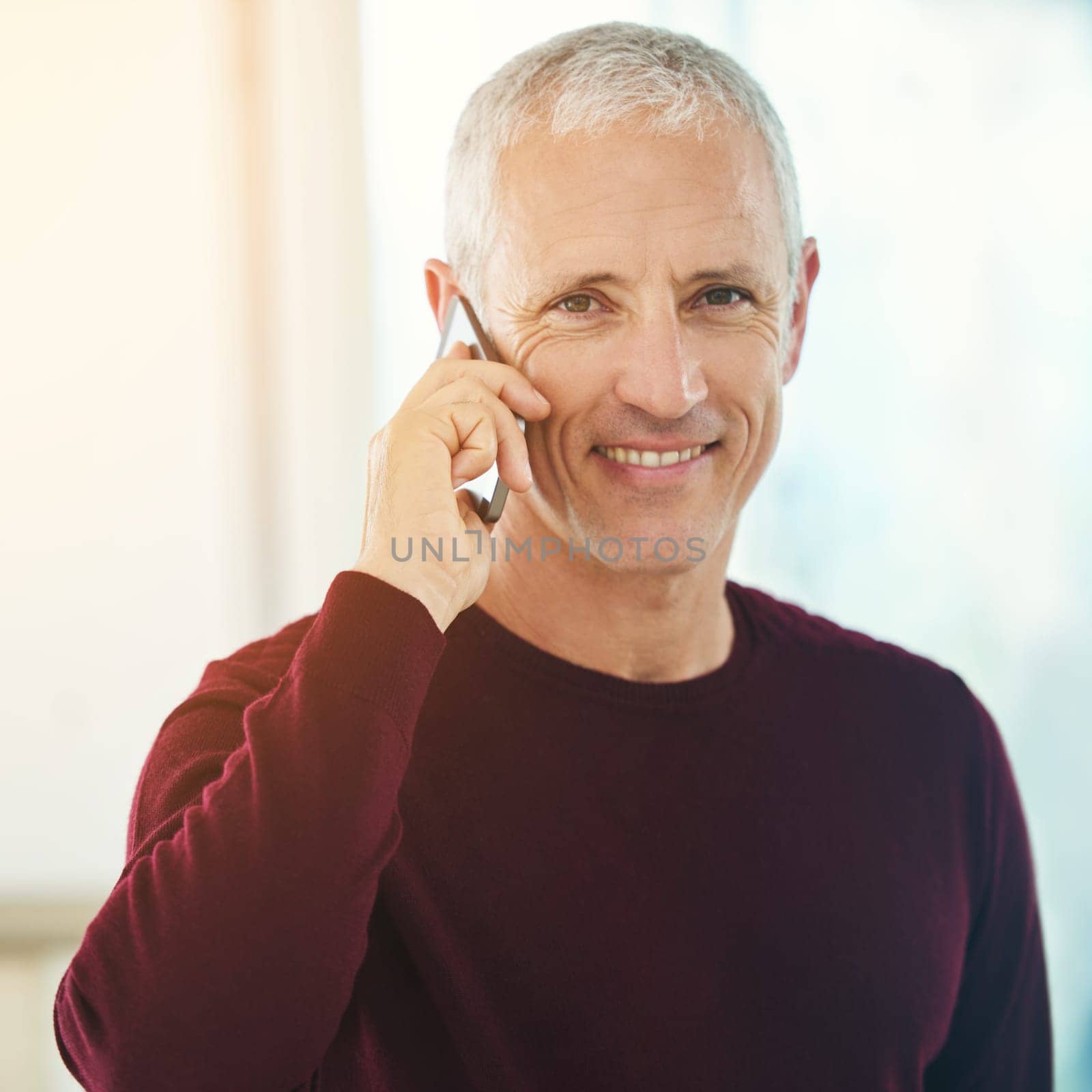 Portrait, mature man and phone call for contact, communication or talking with smile for good news. Happy, senior male person and smartphone for connectivity, discussion or conversation with closeup.