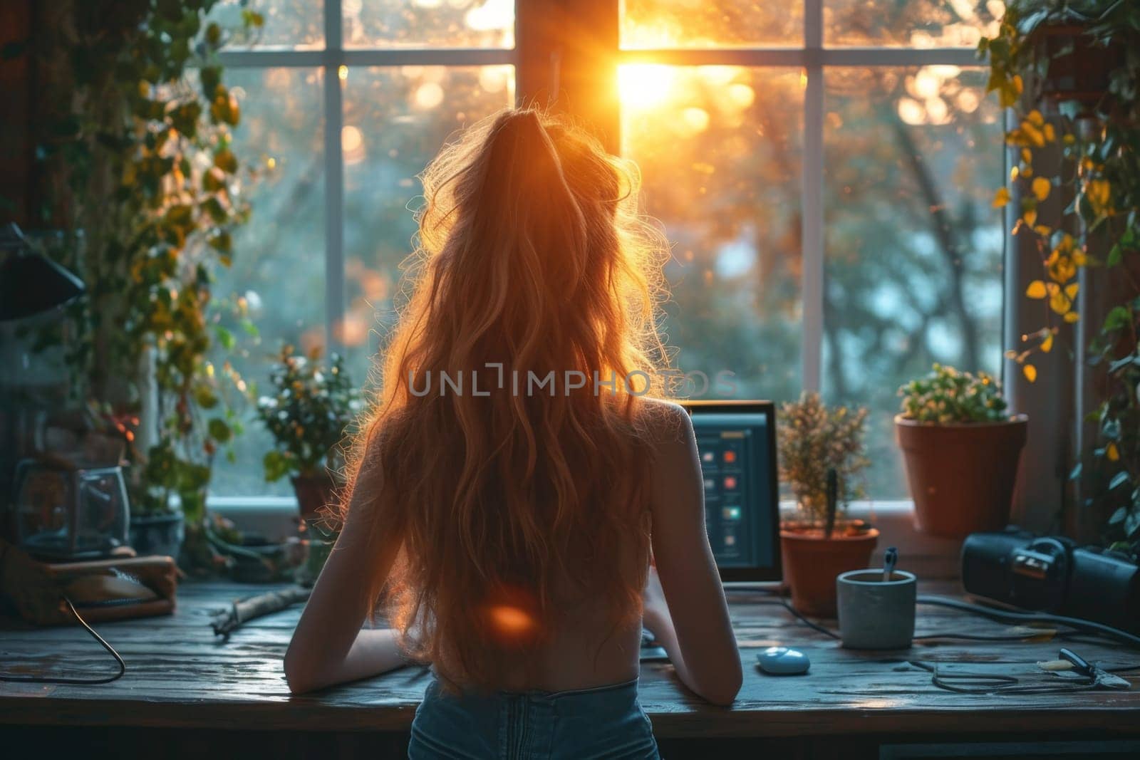 Portrait of a young girl working at home at a computer by the window at sunset. The concept of a freelancer.