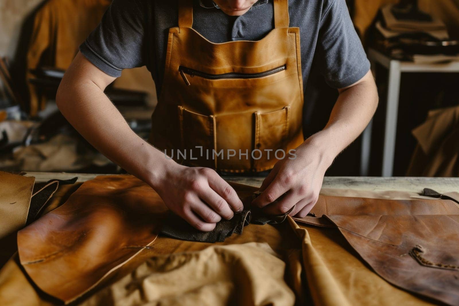 A male shoemaker working with leather fabric in his workshop by Lobachad
