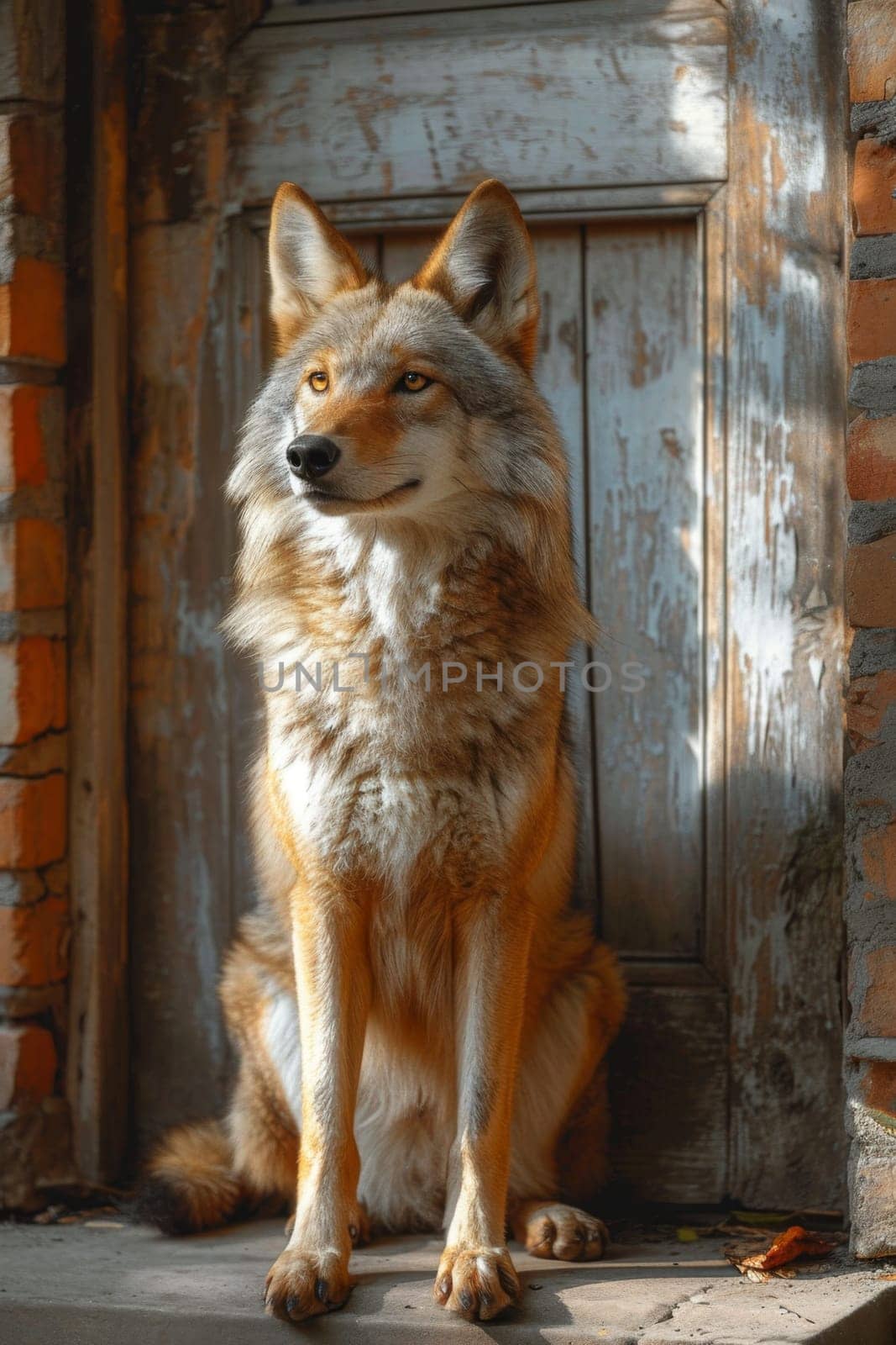 A grey wild Wolf is sitting near the house.