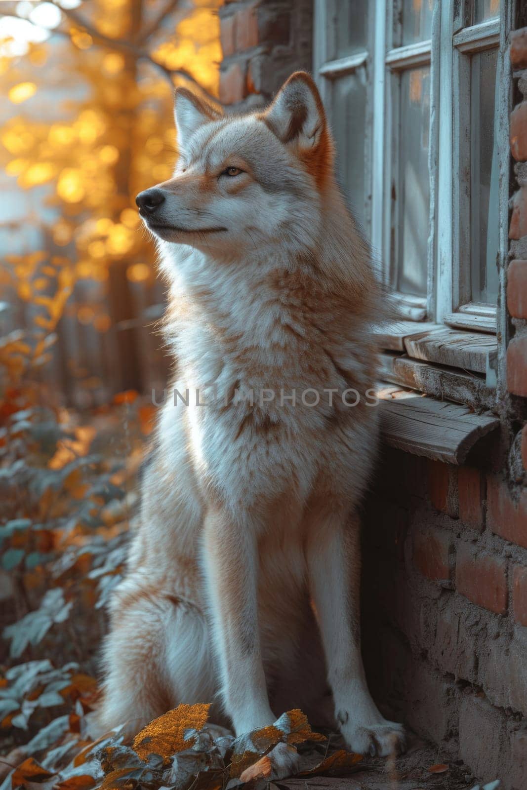 A grey wild Wolf is sitting near the house by Lobachad