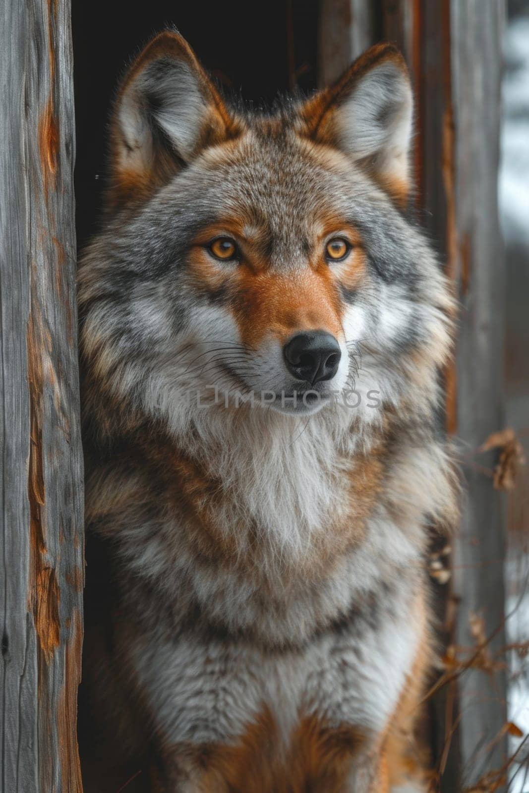 A grey wild Wolf is sitting near the house by Lobachad