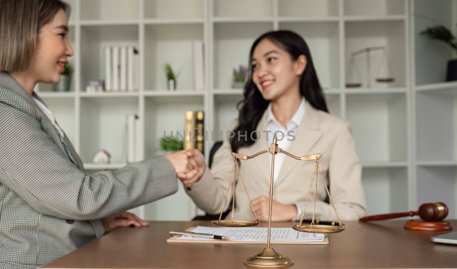 A young lawyer and businesswoman are discussing legal advice on signing a business contract. Insurance or financial contract signing by wichayada