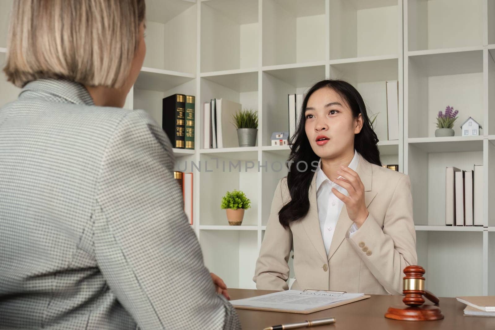 A young lawyer and businesswoman are discussing legal advice on signing a business contract. Insurance or financial contract signing.