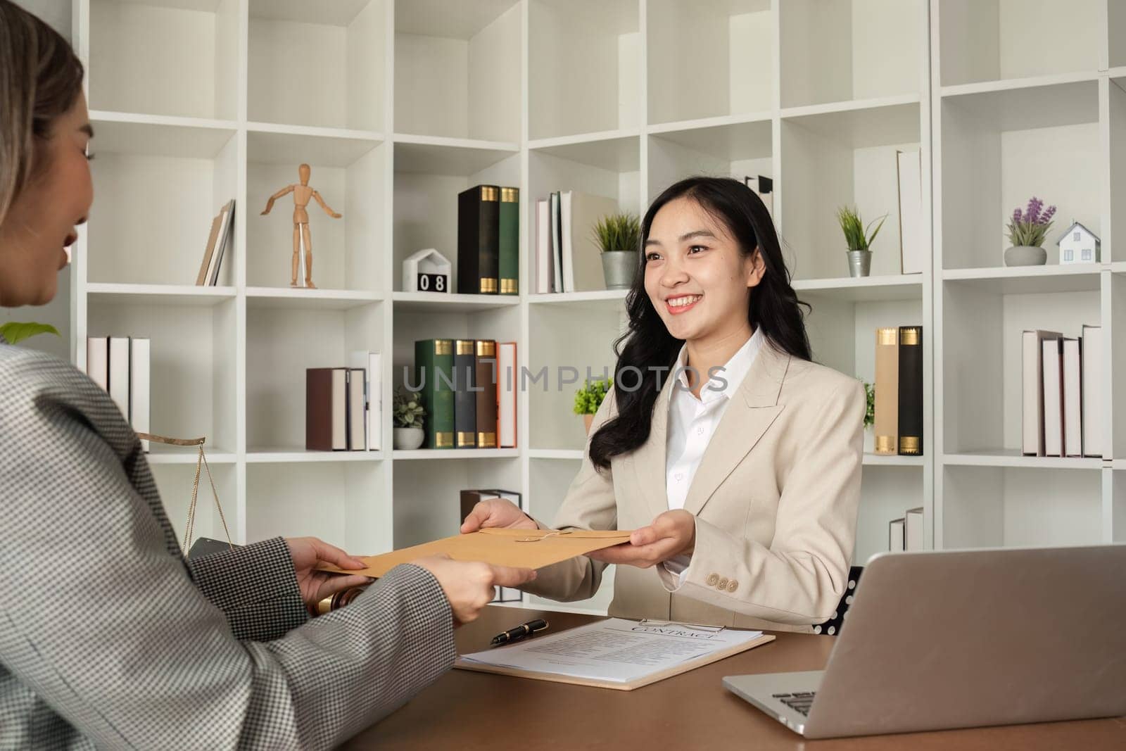 A young lawyer and businesswoman are discussing legal advice on signing a business contract. Insurance or financial contract signing.