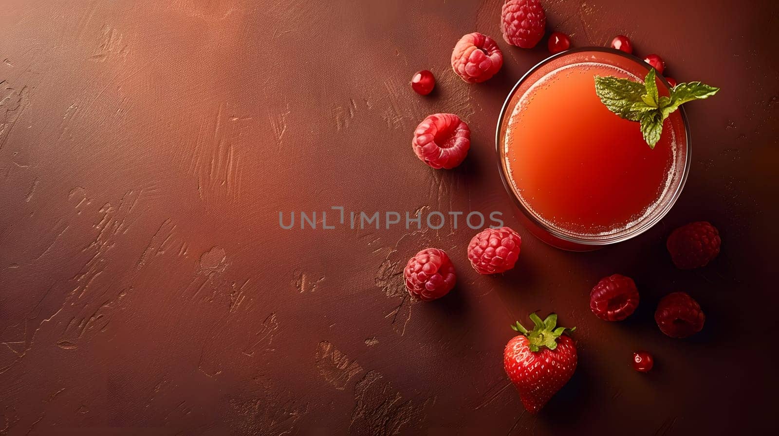A glass of juice with raspberries and strawberries, natural foods on a table by Nadtochiy