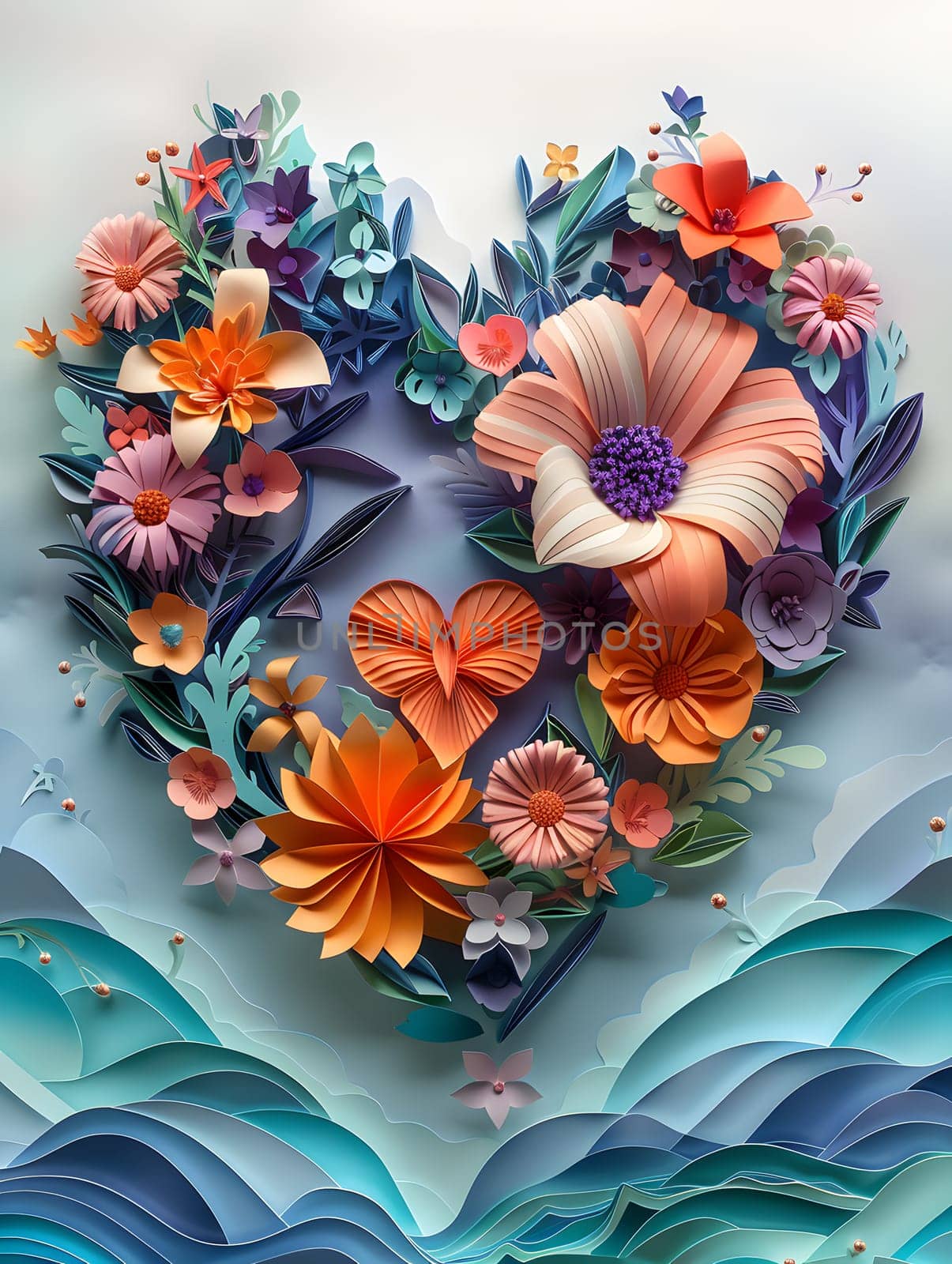 A heart crafted from paper flowers sits against a backdrop of majestic mountains, showcasing a creative blend of art and nature