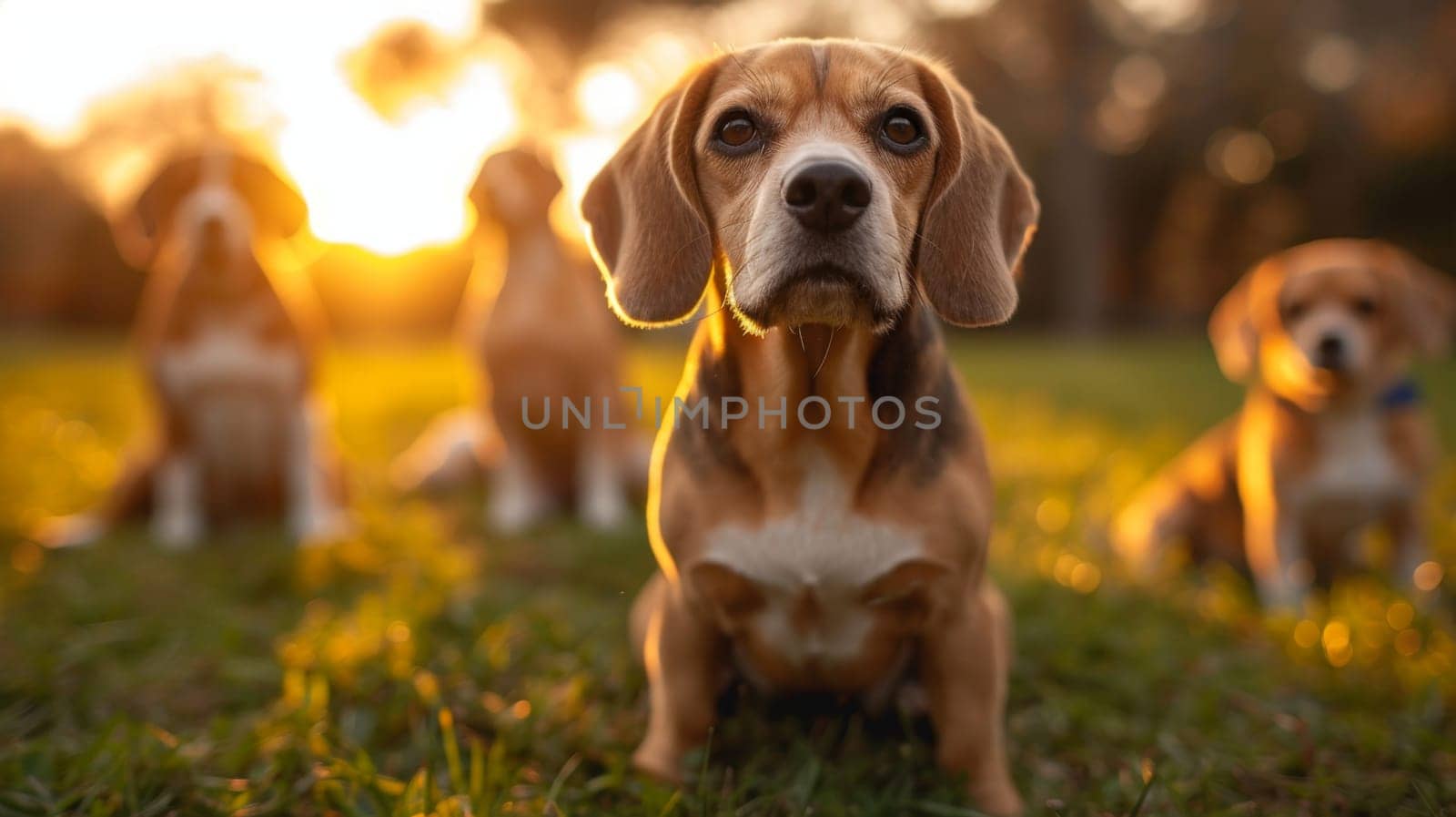 Portrait of a beagle dog in summer on a green lawn.