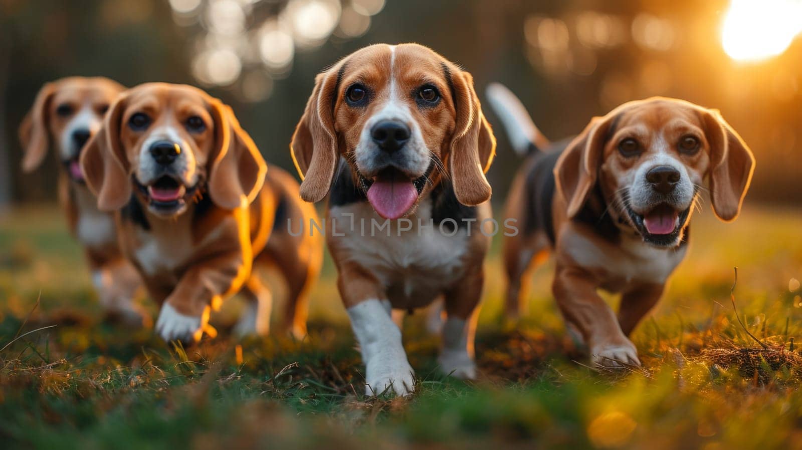 Running beagle dogs run on the green grass in summer by Lobachad