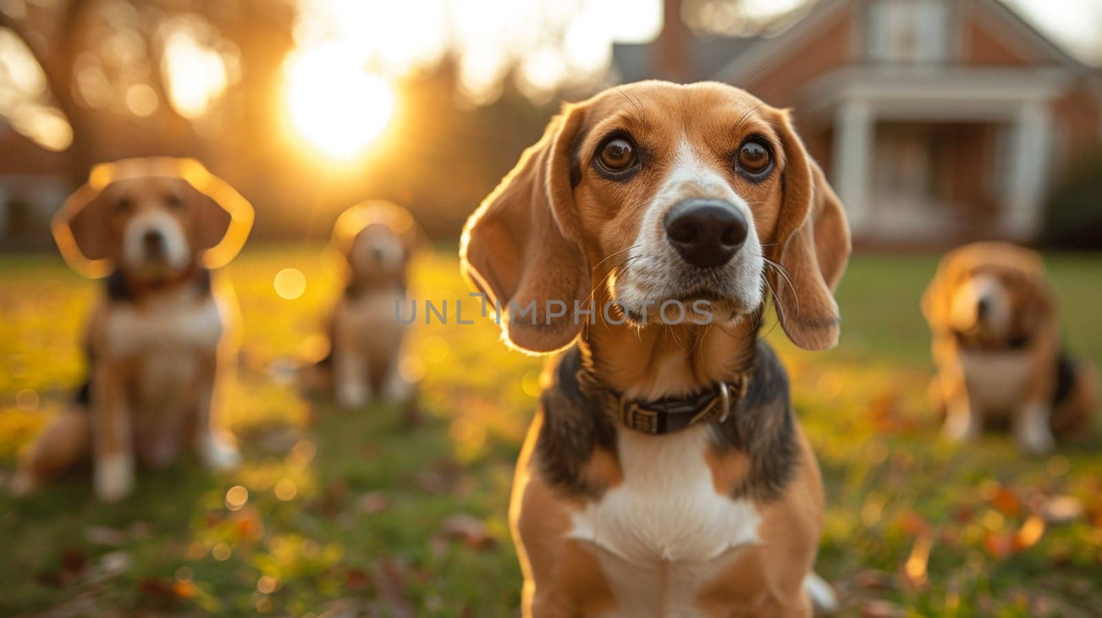 Portrait of a beagle dog in summer on a green lawn by Lobachad