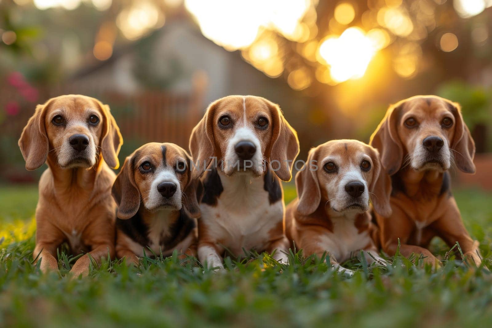 Portrait of a beagle dog in summer on a green lawn.