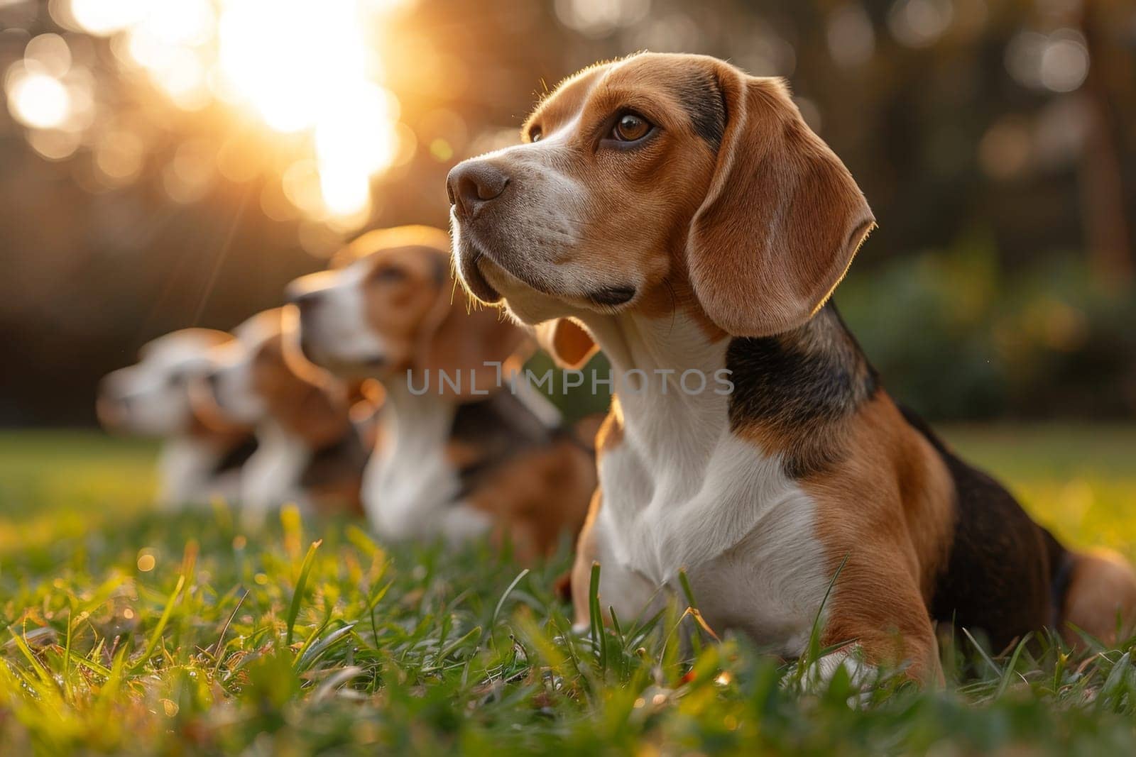 Portrait of a beagle dog in summer on a green lawn by Lobachad