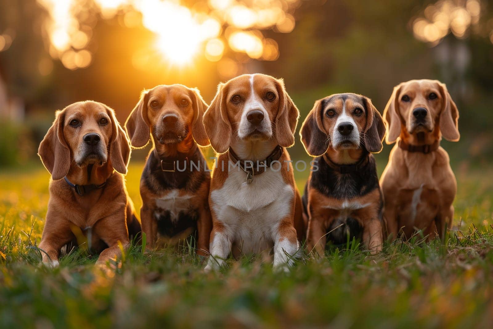 Portrait of a beagle dog in summer on a green lawn.