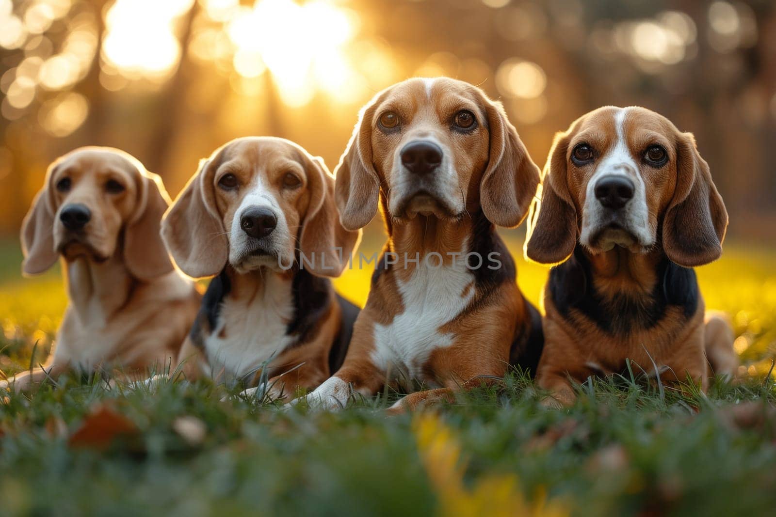 Portrait of a beagle dog in summer on a green lawn.