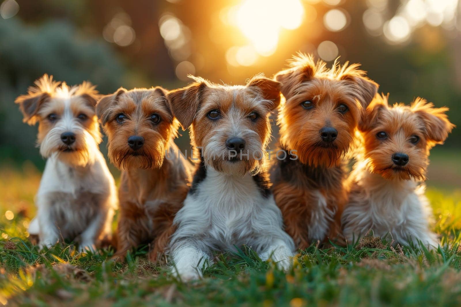 Portrait of a group of Jack Russell dogs in summer on a green lawn.