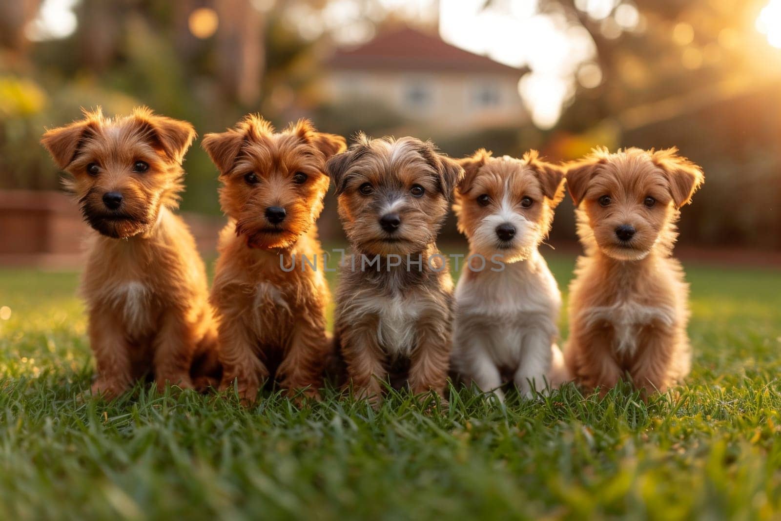 Portrait of a group of Jack Russell dogs in summer on a green lawn.