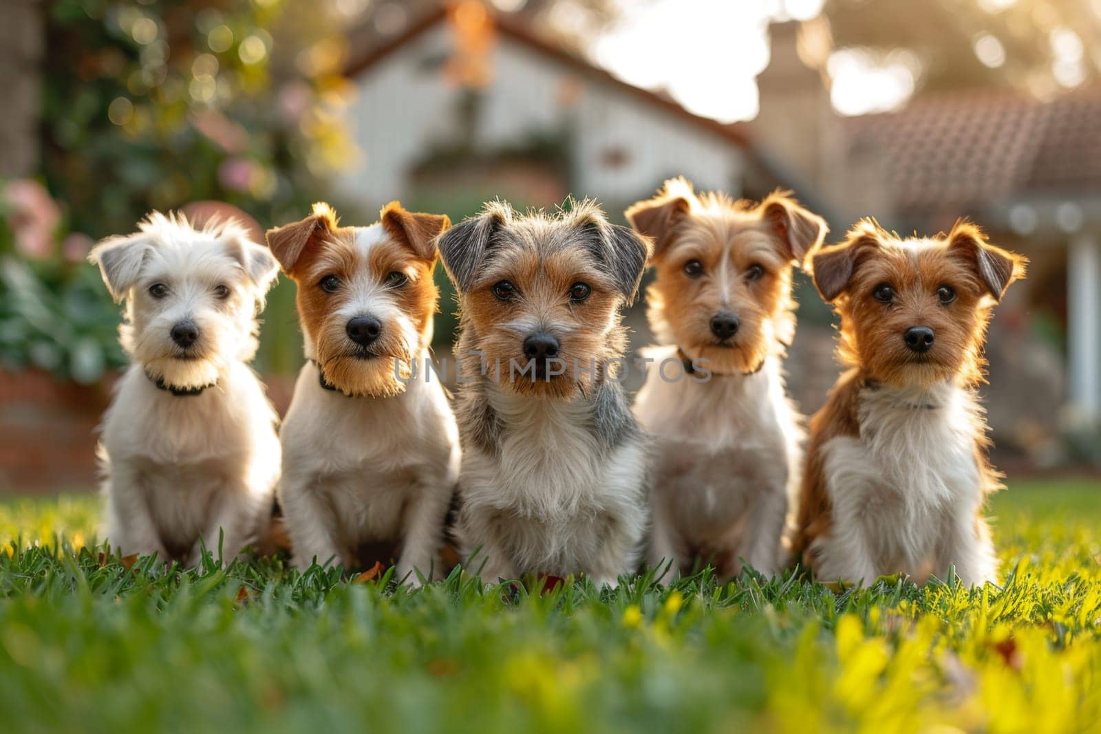 Portrait of a group of Jack Russell dogs in summer on a green lawn.