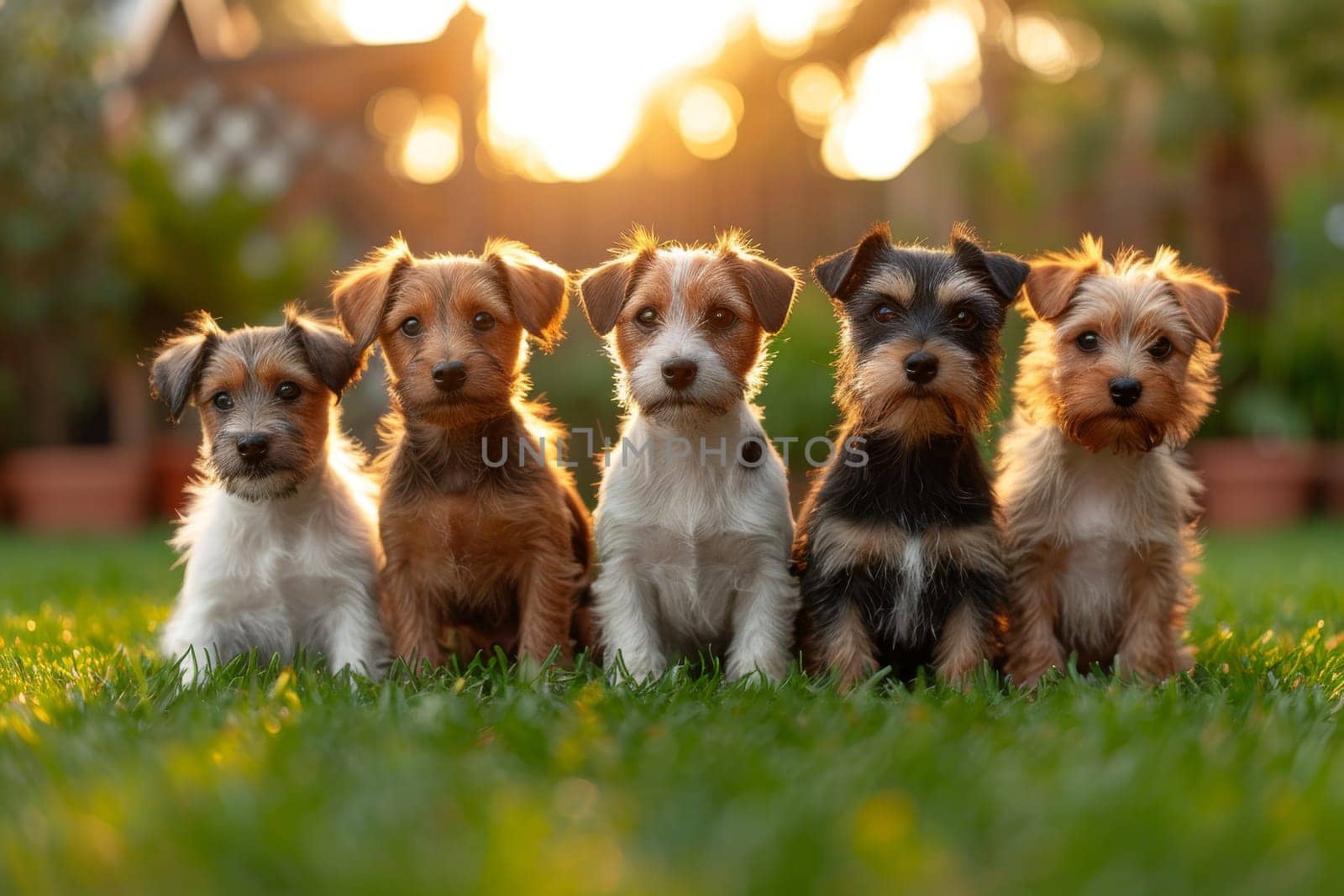 Portrait of a group of Jack Russell dogs in summer on a green lawn.