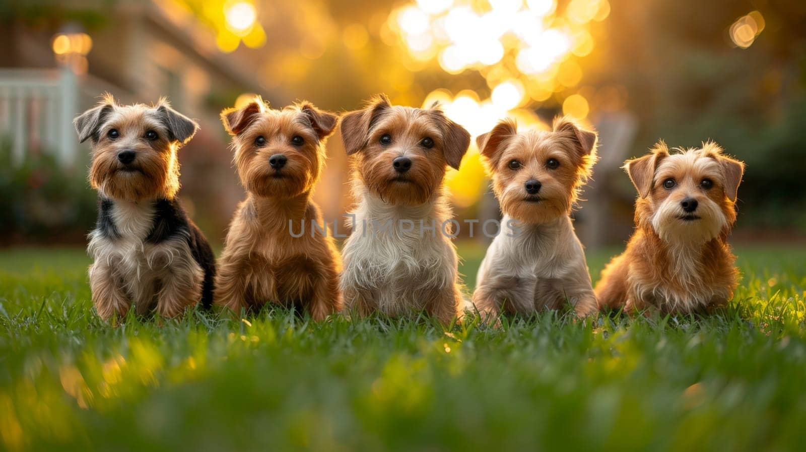 Portrait of a group of Jack Russell dogs in summer on a green lawn.