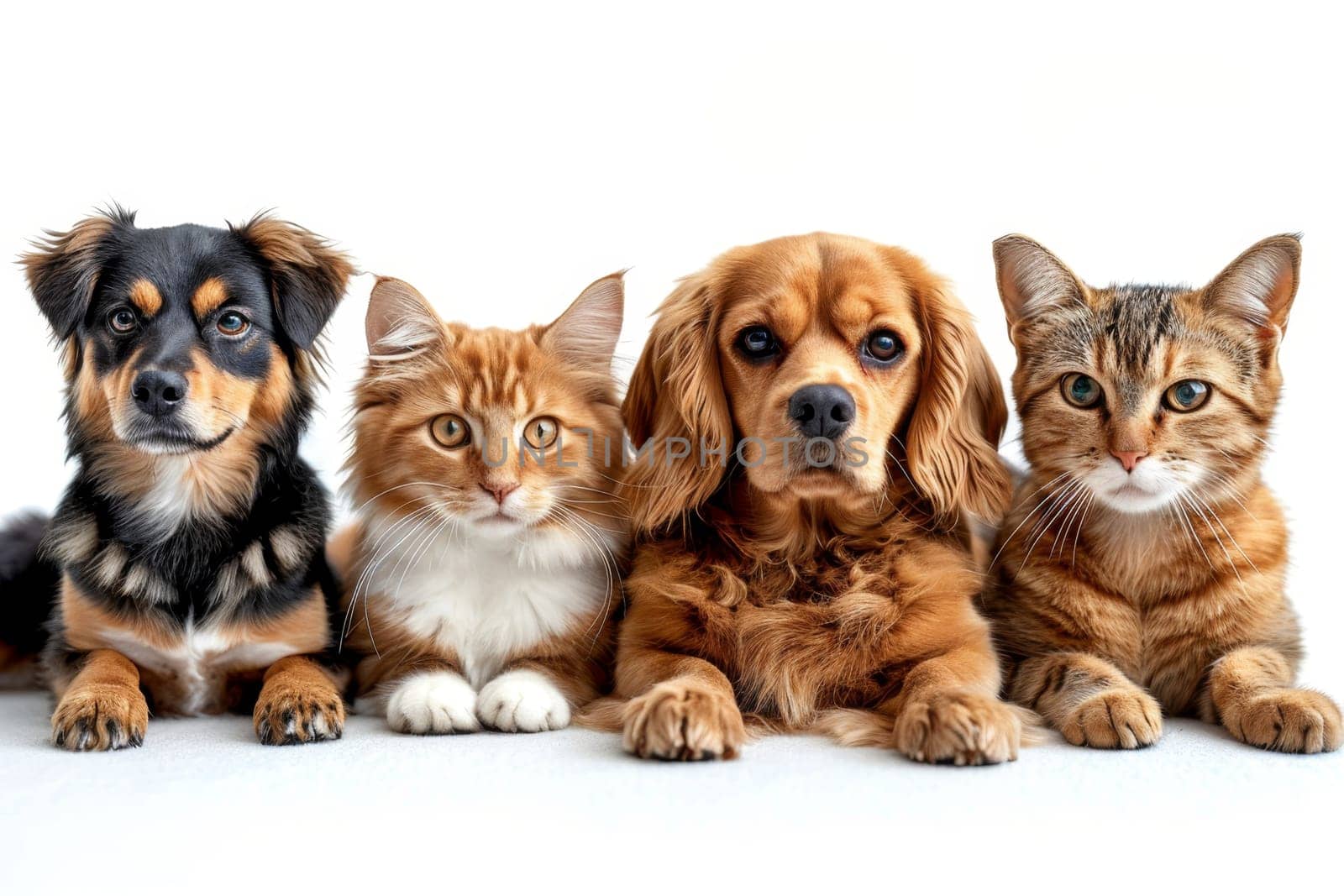 Friendly Portrait of dogs and cats on a white background by Lobachad