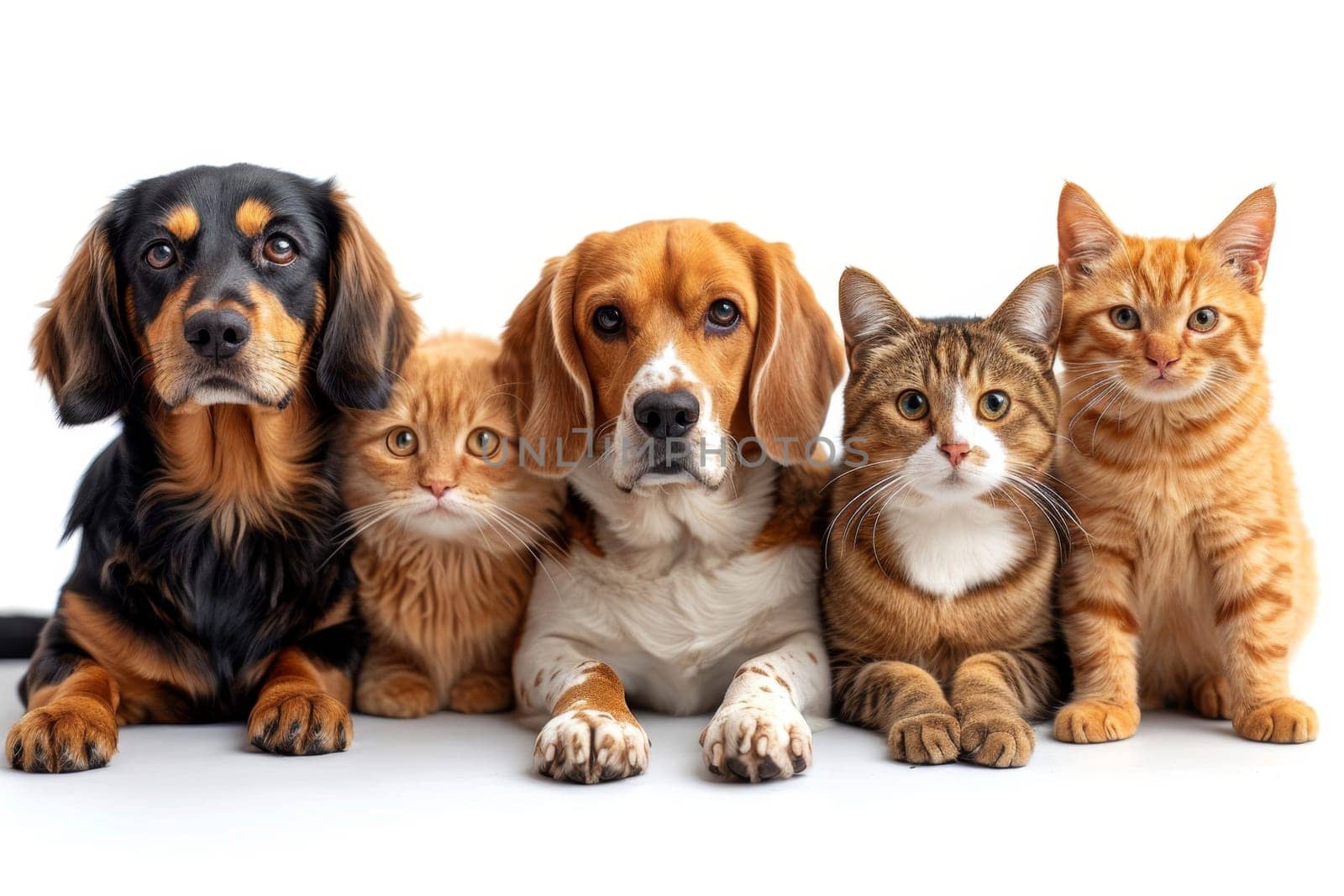 Friendly Portrait of dogs and cats on a white background by Lobachad