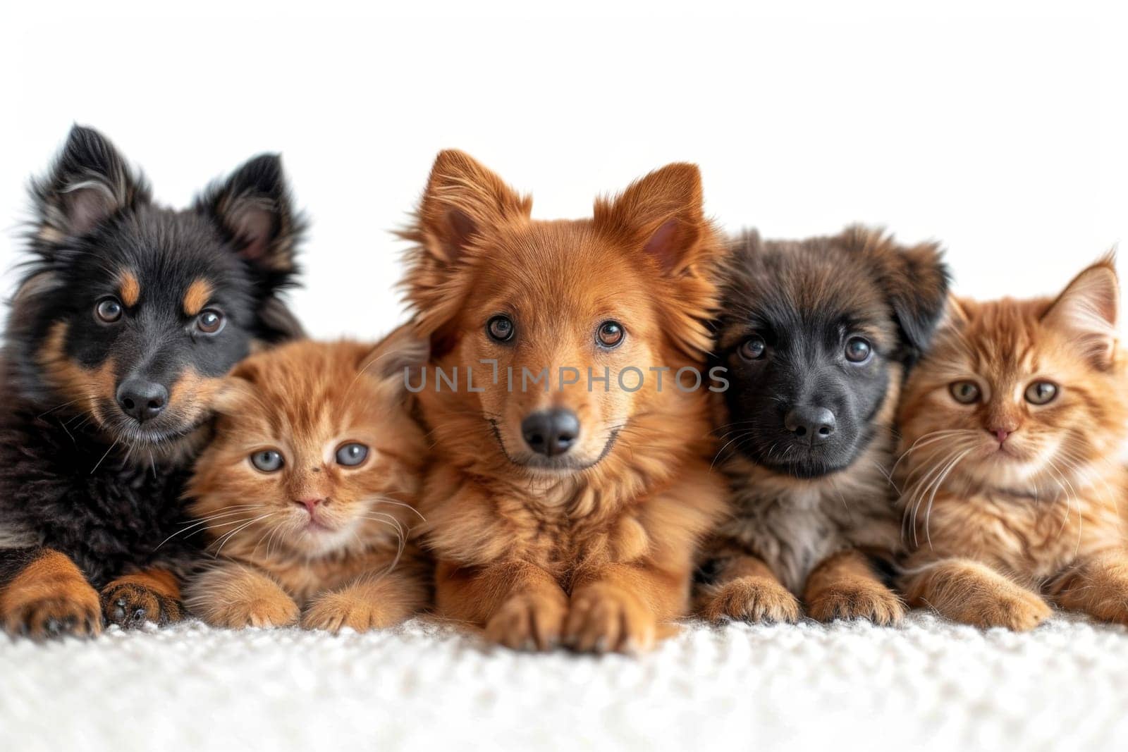 Friendly Portrait of dogs and cats on a white background by Lobachad