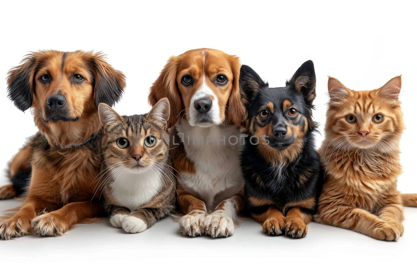 Friendly Portrait of dogs and cats on a white background by Lobachad