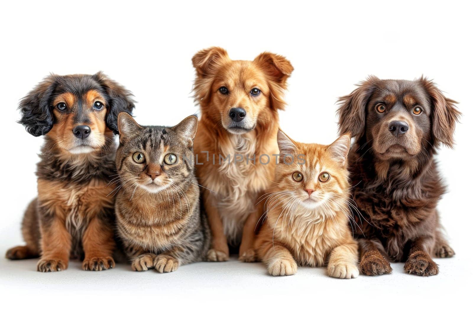 Friendly Portrait of dogs and cats on a white background.